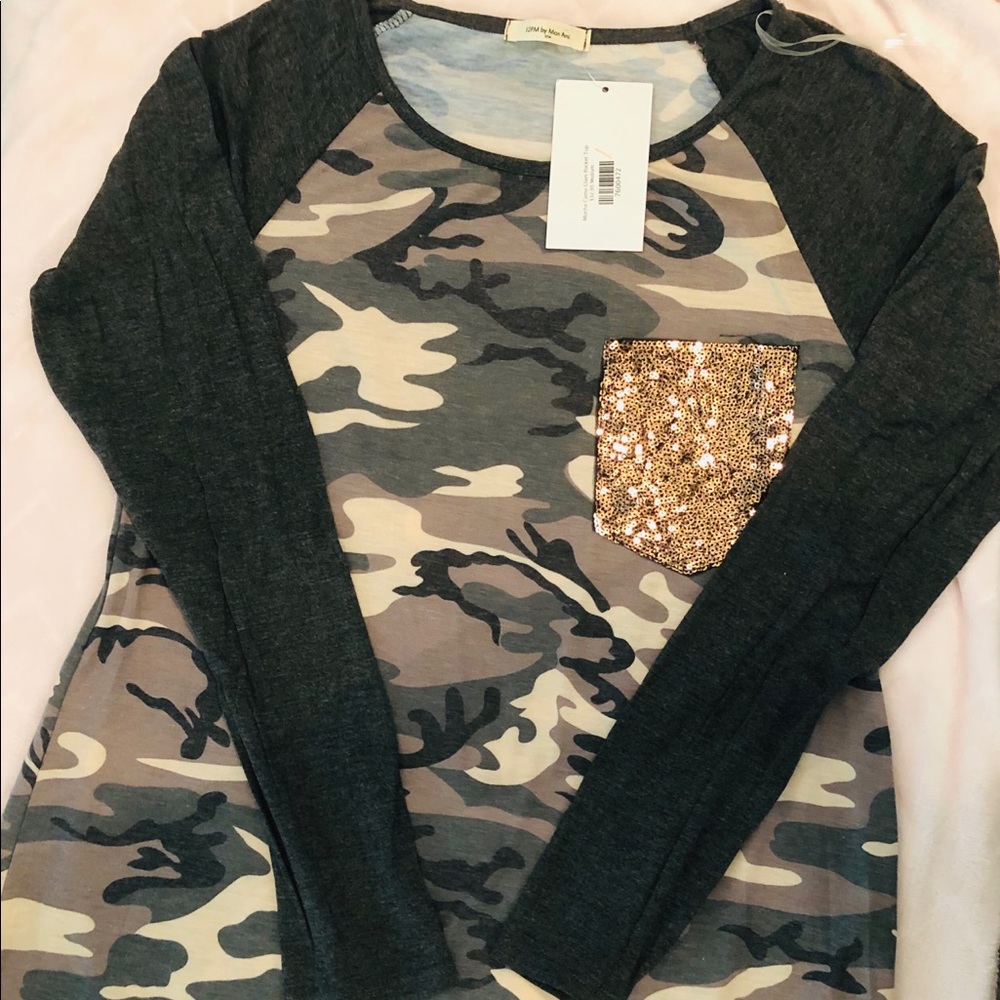 Camo glam top w/ cute glitter pocket. Size M $20